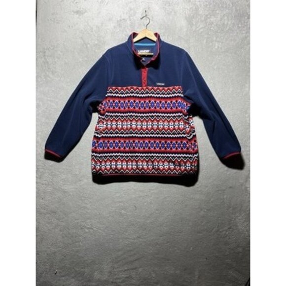 Lands End Womens Plus 1X Fleece Snap-Neck Pullover Red/Navy Chevron Fairisle - Picture 1 of 10